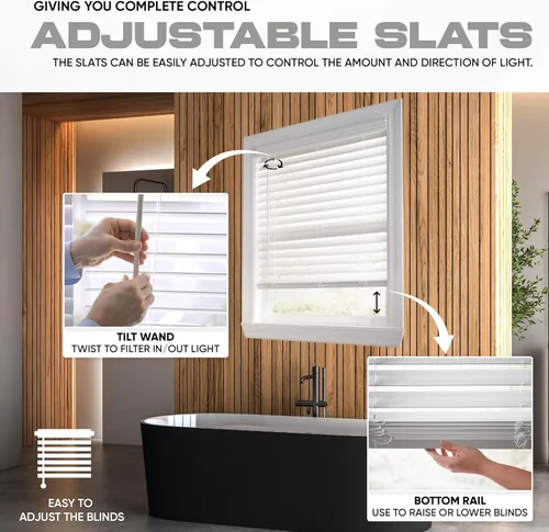 Vista 5 de Persiana de Madera Sintética Blanca Ultra Premium de 2 12" (2.5") Pulgadas, 22 12" de Ancho x 64" de Largo