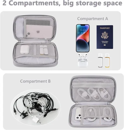 Vista 4 de Bolsa organizadora de cables, bolsa de viaje electrónica para cable/cargador/accesorios/teléfono/banco de energía, gris