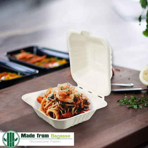 Vista 3 de Green Earth 6 pulgadas, 100 unidades, concha compostable, bagazo natural (fibra de caña de azúcar), cajas de comida para llevar, recipientes