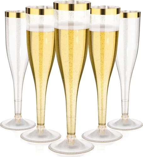 Vista 9 de Goodluck Paquete de 36 copas de champán transparentes de plástico de 6.5 onzas con borde dorado, vasos desechables de champán para brindis de boda
