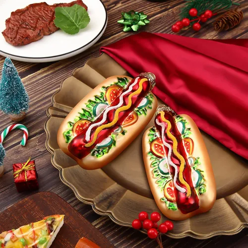 Vista 7 de 2 adornos navideños hechos a mano de vidrio soplado para decoración de chimenea de árbol de Navidad (estilo perro caliente)