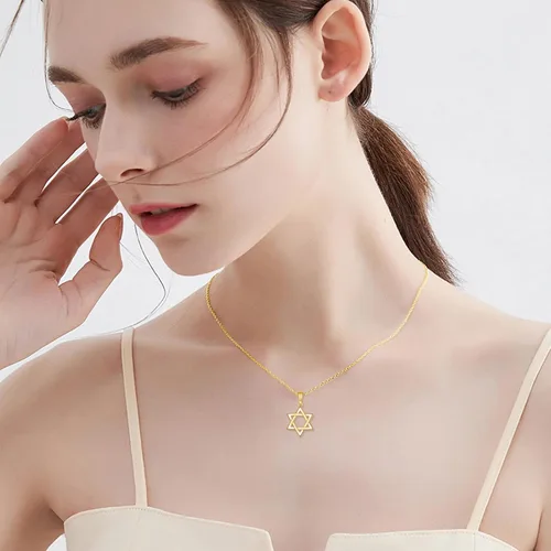 Vista 3 de KECHO Collar con dije de estrella de David de oro real de 14 quilates para mujer, collar de seis estrellas puntiagudas, joyería de San Valentín