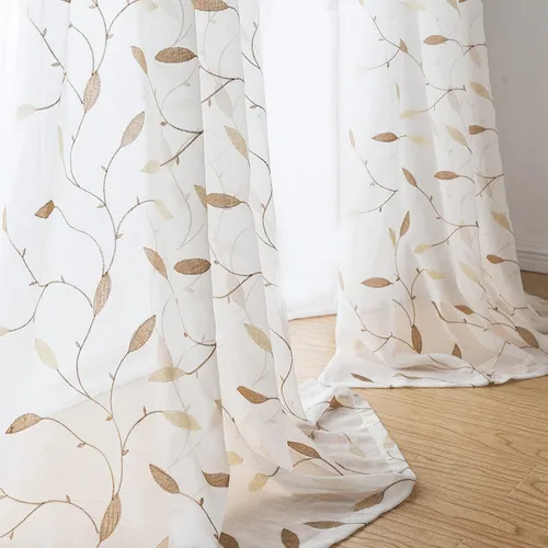 Vista 7 de Cortinas transparentes para sala de estar, cortina con ojales, parte superior de hojas bordadas, cortinas semi transparentes, 2 paneles de 63 *Ojal
