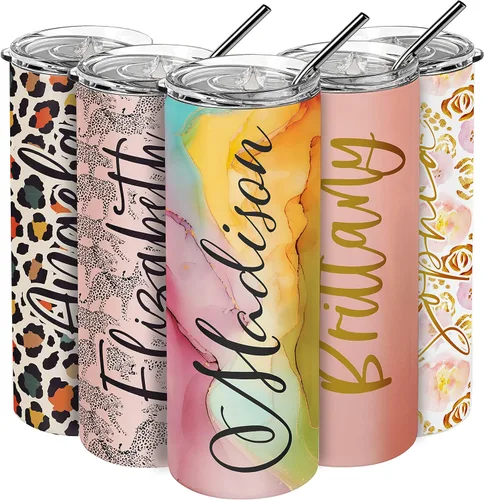 Vaso delgado personalizado con tapa y pajilla, 20 onzas con texto personalizado, 21 estilos de color, 10 fuentes, regalos personalizados para mamá,