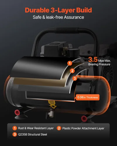 Vista 5 de VEVOR Compresor de aire, tanque de acero de 1 galón, compresor de aire libre de aceite de 1 HP 1.5 CFM a 90 PSI y presión máxima de 120 PSI