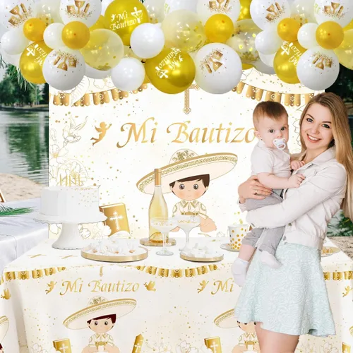 Vista 5 de Kit de 57 piezas de guirnalda de arco de globos de Mi Bautizo para He God Bless Baby Boy Bautizo Party Decoraciones Primera Comunión Decoración