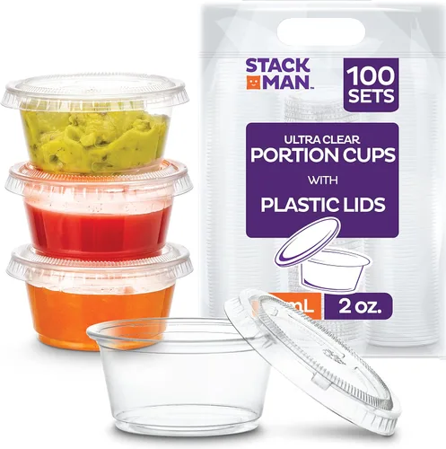 Vista 5 de Mini vasos de plástico para soufflé con tapas [2 oz - 100 juegos] Vasos para shots de gelatina - Vaso de 2 oz, recipientes pequeños para condimentos