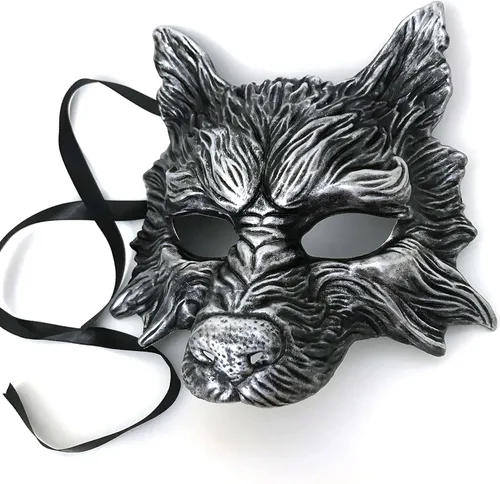Vista 4 de MasqStudio Máscara de lobo negro, máscara de lobo blanco, máscara de lobos para mascarada, disfraz de Halloween, cosplay, fiesta