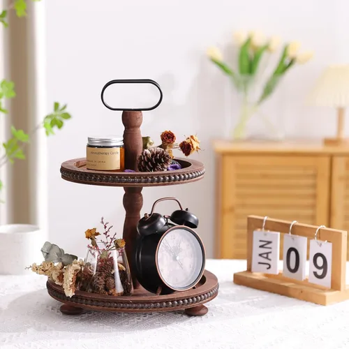 Vista 5 de Urban Deco Bandeja Decorativa de Madera de Dos Niveles Bandeja de Decoraciones Bandeja Redonda para Servir con Mango de Metal, Soporte de Madera