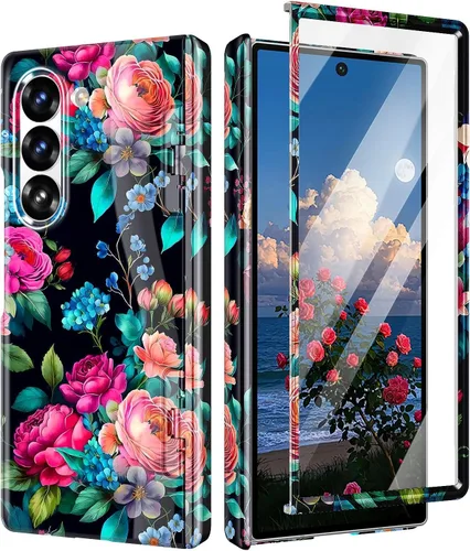 Vista 20 de Btscase Funda para Samsung Galaxy Z Fold 5, protector de pantalla frontal integrado, patrón de mármol dorado con purpurina de policarbonato duro