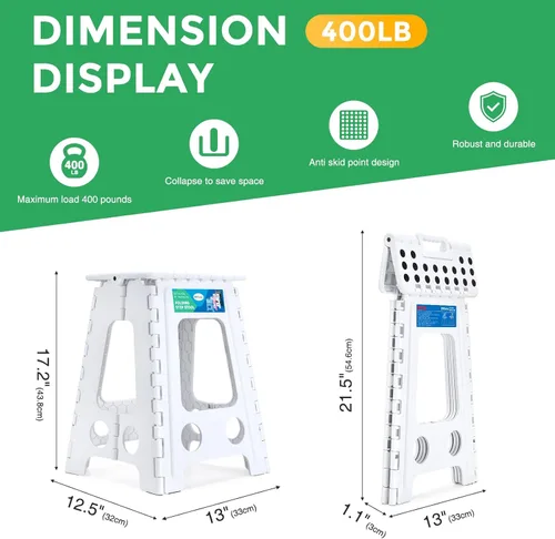 Vista 83 de Dyforce Taburete plegable de 17.5 pulgadas, capacidad de 400 libras, taburete plegable de plástico resistente para adultos, taburete con asa, fácil
