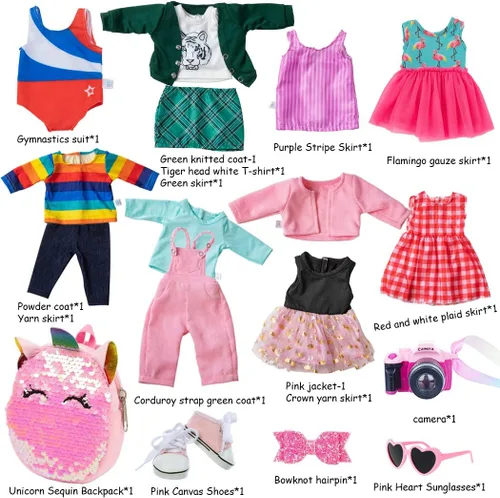 Vista 2 de Ebuddy Ropa y accesorios para muñecas: 8 juegos con zapatos, mochila, gafas, cámara, almohadilla para muñecas de 18 pulgadas