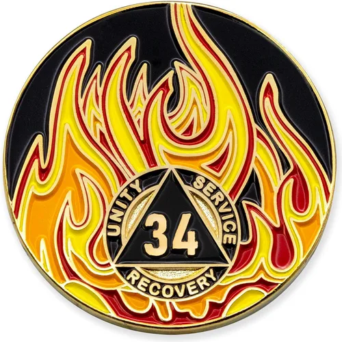 Vista 69 de Moneda de sobriedad de 1 a 40 años Twisted Flames - Fichas AA y medallones chapados en oro - Moneda de sobriedad de 1 año Naranja /Amarillo