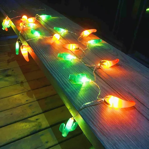 Vista 9 de Guirnalda de luces artificiales de cactus verde chile rojo, 20 LED, luces de noche de hadas de Navidad, funciona con pilas, para decoración de bodas