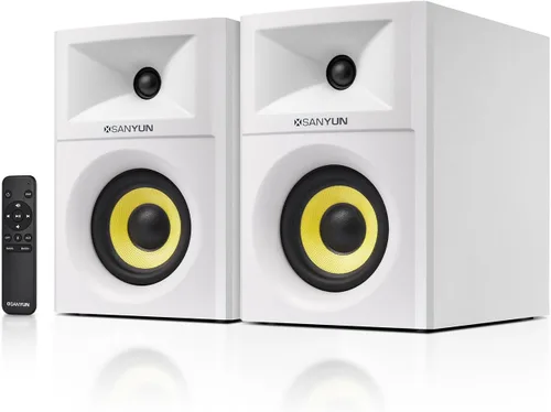 Sanyun Altavoces SW205 de 4 pulgadas para estantería | Audio HiFi inmersivo con envolvente virtual | Motor DAC/DSP insignia | Gabinete de difusión