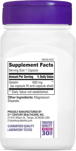 Vista 3 de 21st Century, Gelatina, 600 mg, 100 Cápsulas - 3PC