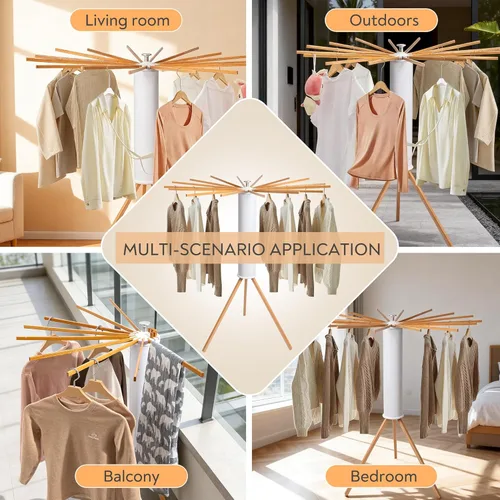 Vista 6 de Estante de secado de ropa, trípode de madera plegable, estante de secado para apartamentos pequeños, balcón, dormitorio, estante portátil