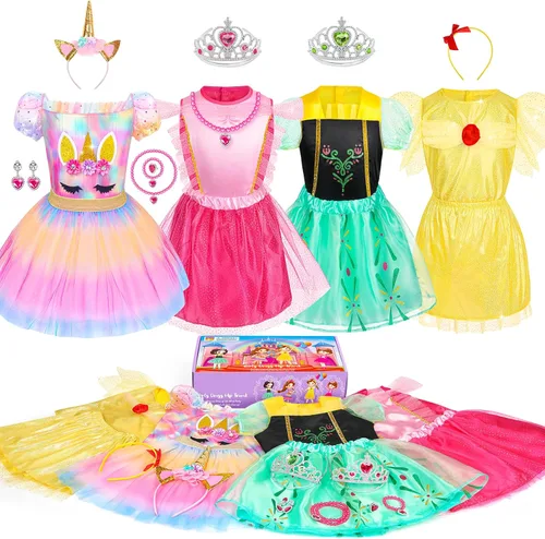 Teuevayl Disfraz de princesa para niñas pequeñas, ropa de juego de simulación para niñas con vestidos de princesa de unicornio, corona, juguetes de