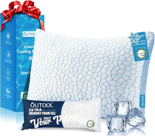 Vista 15 de QUTOOL - Almohada hipoalergénica, espuma viscoelástica, gel triturado, sistema enfriado, relleno regulable, firme, funda de bambú extraíble lavable