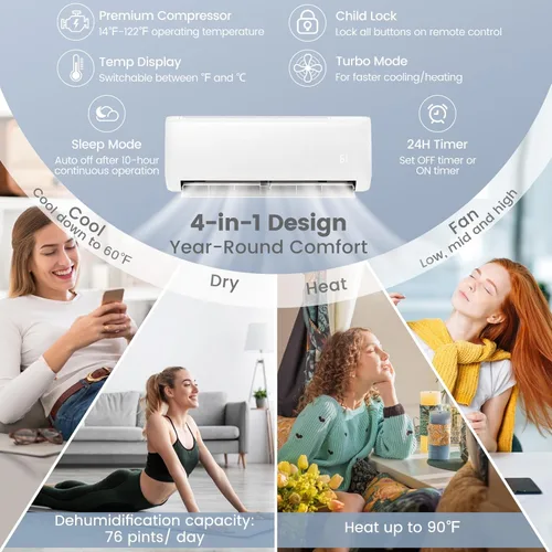 Vista 4 de 24K Btu Mini Split AC/sistema de calefacción, bomba de calor para aire acondicionado de pared 21SEER2, control por aplicación y funciona con Alexa