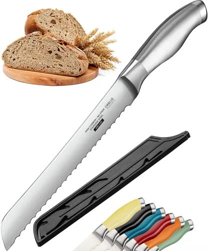 Cuchillo de Pan Dentado Orblue con Borde Ondulado Súper Afilado de Acero Inoxidable Mejorado - Cortador de Pan Ideal para Rebanar Bagels Caseros,