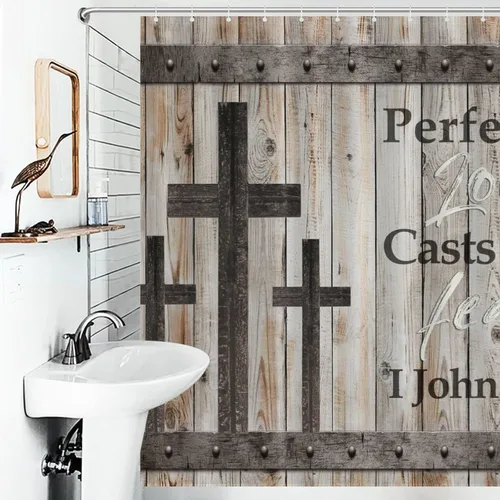 Vista 3 de Cortina de ducha de madera rústica para baño, tablero de madera marrón rústica, versículo de la Biblia, casa de campo traviesa, granero occidental