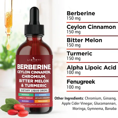 Vista 3 de Berberina con Suplemento de Canela de Ceilán Gotas Líquidas + Extracto de Melón Amargo, Glucomanano, Gymnema, Cromo, Cúrcuma, Panax Ginseng, Moringa