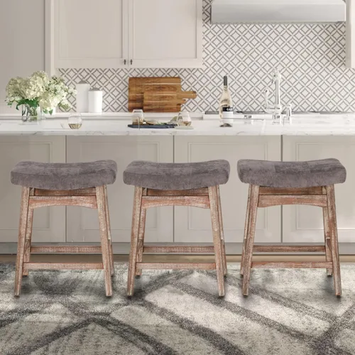 Vista 14 de ALPHA HOME Taburete de bar, taburete de cocina de silla de montar de madera maciza con cojín de tela de lino beige, taburete de bar de altura