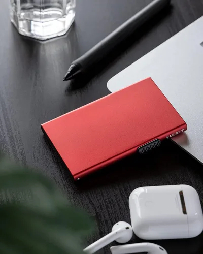 Vista 5 de VULKIT Tarjetero minimalista para tarjetas de crédito tarjetas emergentes protección RFID cartera de metal delgada Rojo - Minimalista