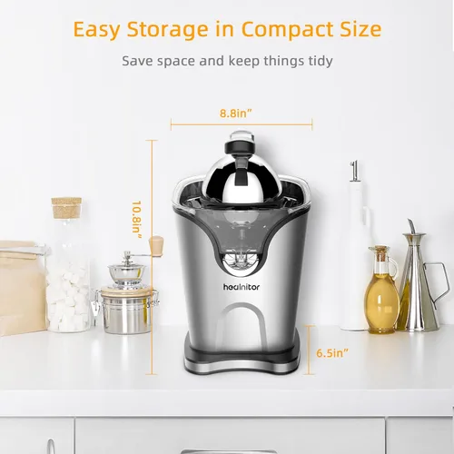 Vista 5 de Healnitor Exprimidor eléctrico de cítricos de 150 W con 2 conos, máquinas extractoras de jugo de naranja silenciosas de acero inoxidable para lima