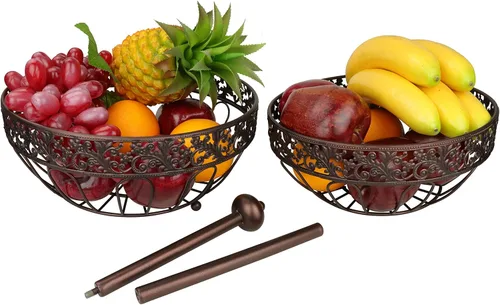 Vista 4 de ROSYLINE Cesta de frutas de 2 niveles, frutero, cocina multiusos y sala de estar, cesta de frutas y verduras (oro bronce)