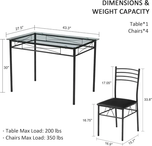 Vista 6 de VECELO Juego de mesa de comedor para 4, mesa de cocina de vidrio de 5 piezas con sillas acolchadas tapizadas para espacios pequeños, rincón de Negro