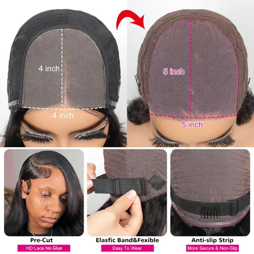 Vista 4 de Peluca sin pegamento, densidad 200, 5 x 5 HD, cierre de encaje, pelucas de cabello humano precortado, sin pegamento, peluca de encaje frontal