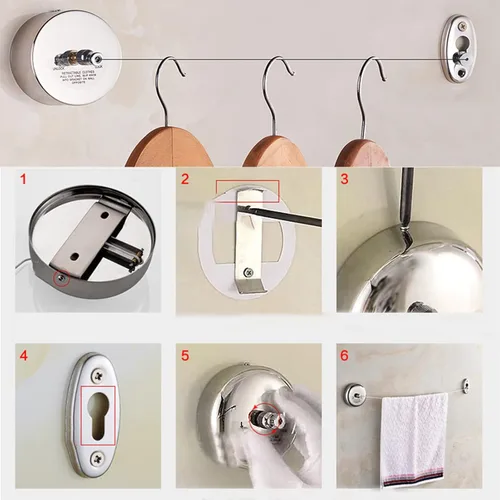 Vista 4 de Tendedero retráctil, secadora de ropa de acero inoxidable 304 con cuerda ajustable para colgar secado, ducha, baño, lavandería, hotel, balcón