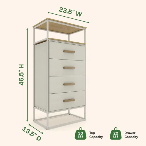 Vista 3 de Tinge Zana Cómoda de tela premium - Marco de metal resistente, 4 amplios cajones a prueba de hundimiento y estante superior de madera resistente