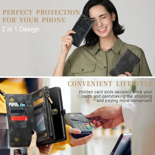 Vista 5 de Asuwish Funda para teléfono Samsung Galaxy S21 Plus Glaxay S21+ 5G con cremallera, protector de pantalla de vidrio templado y tarjetero con tapa