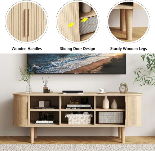 Vista 49 de Soporte de TV, mesa consola multimedia con puerta corredera y compartimento de almacenamiento, centro de entretenimiento moderno con almacenamiento