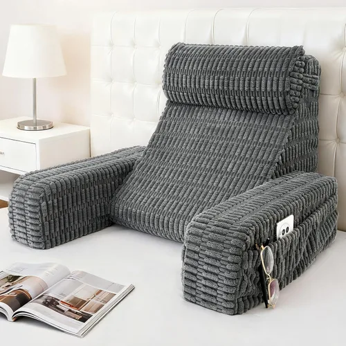Almohada de lectura de 19 pulgadas para cama con brazos integrados y bolsillos grandes, cojín de respaldo de apoyo para leer, descansar o Gris