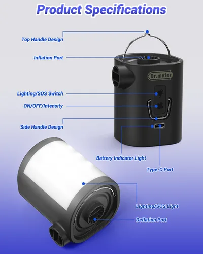 Vista 7 de Dr.meter Bomba de aire para inflables, bomba de colchón de aire recargable de 3600 mAh con luz de campamento de 4.8 kPa, inflado rápido, desinflado