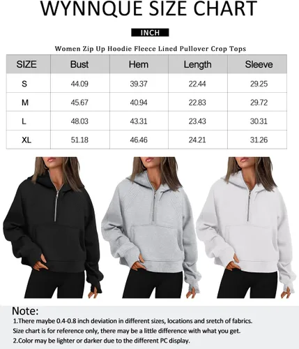 Vista 6 de WYNNQUE Sudadera corta con capucha para mujer, manga larga, forro polar, media cremallera, ropa de otoño
