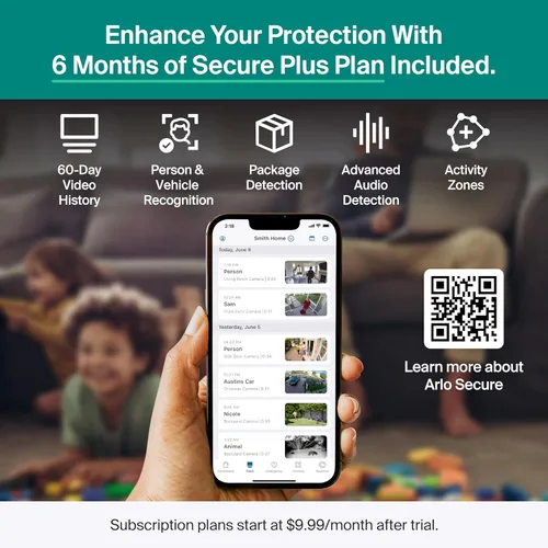 Vista 4 de Arlo Cámara de seguridad Essential Pan Tilt 2K + 6 meses de plan Secure Plus – Cámara exterior con conexión con cable, reconocimiento de personas