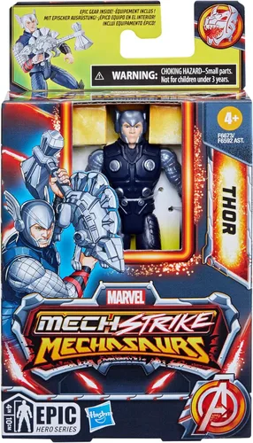 Vista 6 de Marvel Mecasaurios de ataque mecánicos, figura de acción de Thor de 4 pulgadas con accesorio de arma de dinosaurio, juguetes de superhéroes