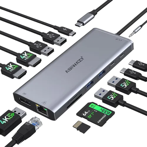Estación de acoplamiento USB C Hub USB-C Monitor dual 14 en 1 Adaptador multipuerto de pantalla triple con 2 HDMI+DP+7 puertos USB tipo