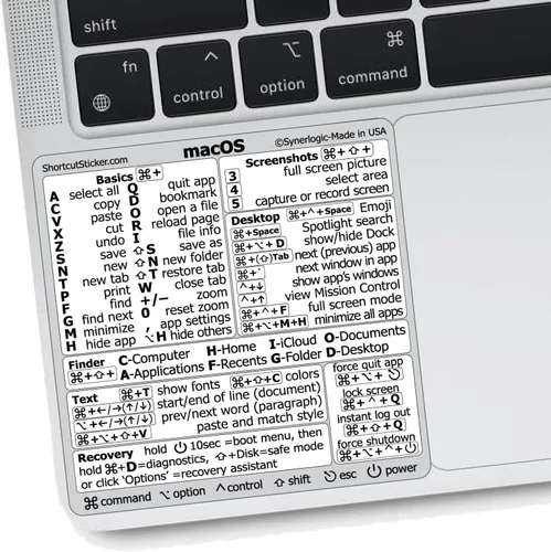 Vista 17 de Synerlogic (5 unidades) Pegatina de atajos de Mac OS, calcomanías de teclado para macOS, hoja de trucos de vinilo laminado para MacBook para laptop