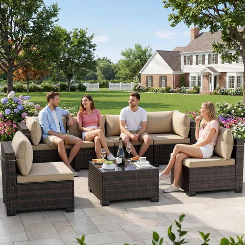 Vista 9 de LEVELEVE Juego de 7 muebles de patio al aire libre, juego seccional de conversación de ratán, sofá de mimbre de tejido manual con mesa de té