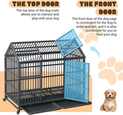 Vista 3 de Jaula resistente para perros, jaula para perros de 52 pulgadas con doble puerta, ruedas con bloqueo de 360° y bandeja extraíble, fácil de montar