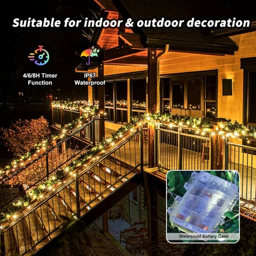 Vista 6 de Guirnalda de luces LED a pilas, 39 pies, 120 luces LED que cambian de color con control remoto, funciona con pilas, alambre de cobre impermeable