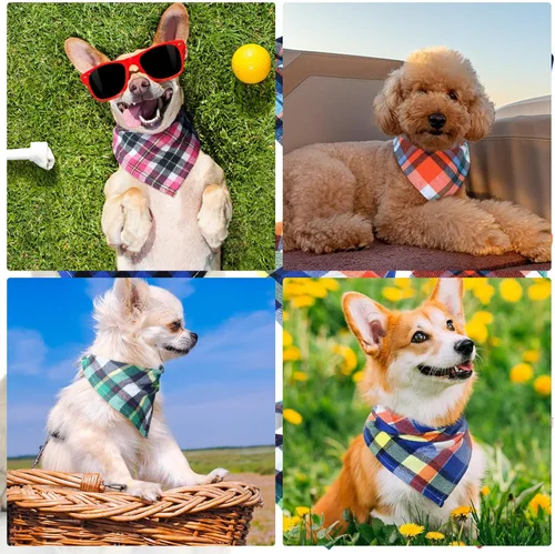 Vista 7 de Honoson 6 pañuelos triangulares para perro, bufanda para perro, bufanda con estampado a cuadros, baberos ajustables, lavables, juego de bandana