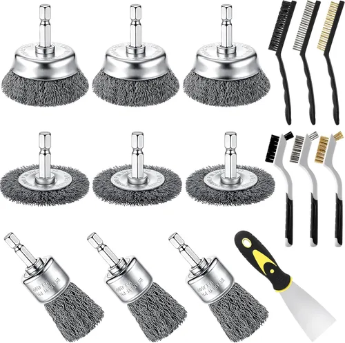 Bokon Juego de 16 cepillos de alambre de carbono para brocas, cepillo de alambre para brocas, cerdas de nailon, latón, acero inoxidable,