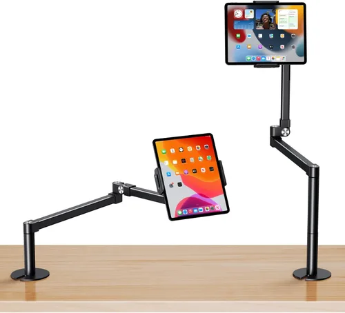 elitehood Soporte de escritorio para iPad de brazo largo con base de montaje con ojales, soporte de aluminio resistente para tableta, soporte de